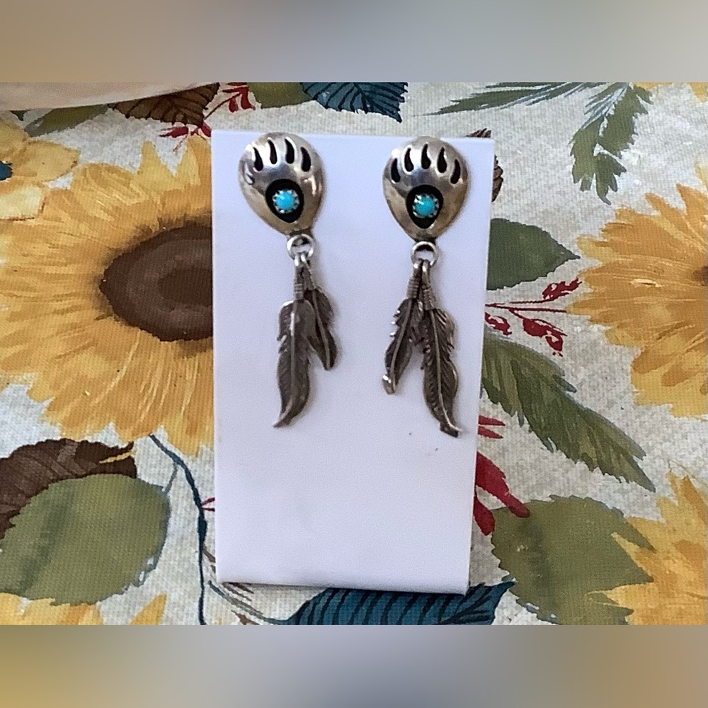 Silver and Turquoise Bear claw/Feather Earrings